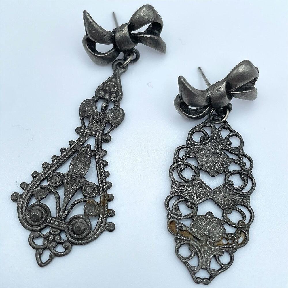 Vintage Pewter Tone Mismatch Bow Filigree Dangle Earrings Gothic Statement Drop